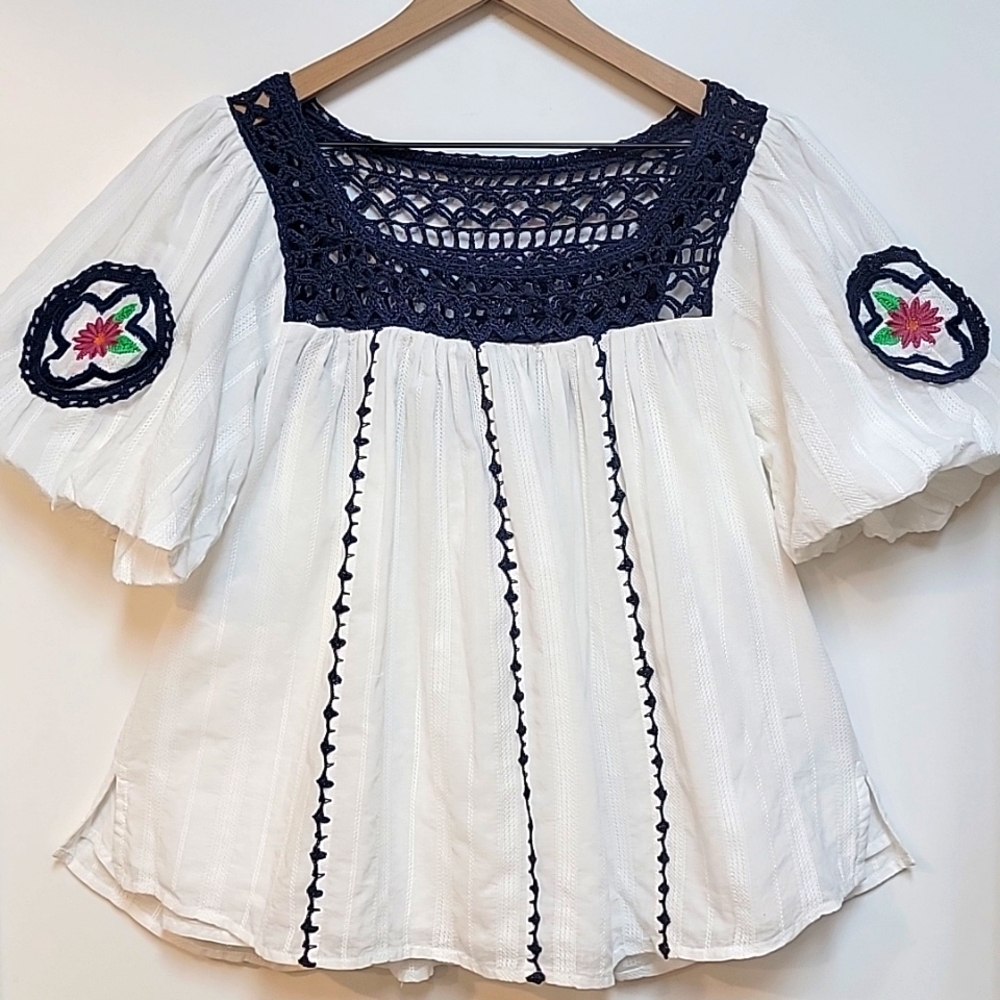 Cleobella | Navi Embroidered White and Blue Women's Top - Picture 2 of 11